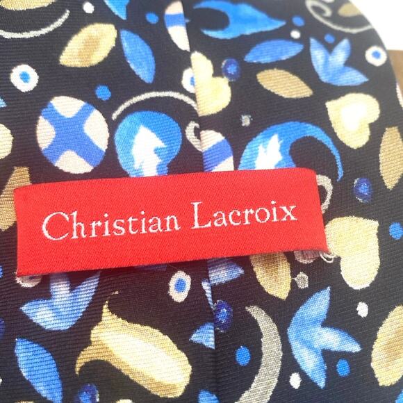 Christian Lacroix 100% silk Tie  Navy Blue Tan, light blue flowers abstract lady - Picture 5 of 8